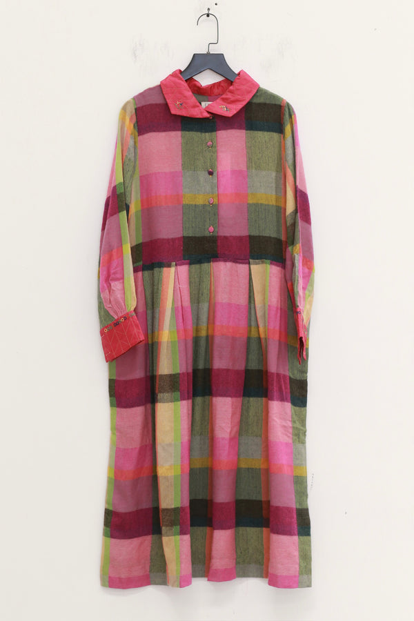 EKA Fall/Winter 2025 collection: Dyed wool plaid and quilted patchwork midi skirt with hand-embroidered box pleats. EKA-AWLT/25/66/RAVEN-MULTICOLOR